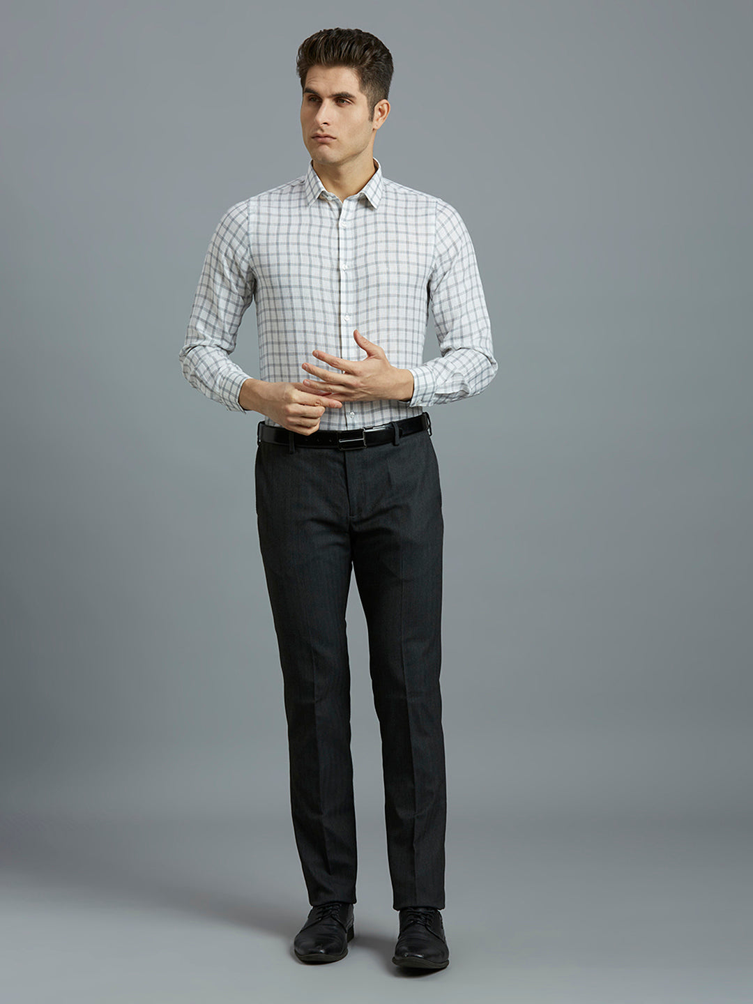 Dark Grey Hearingbone Poly Viscose Elastane Auto Fit Formal Cross Pocket Trouser