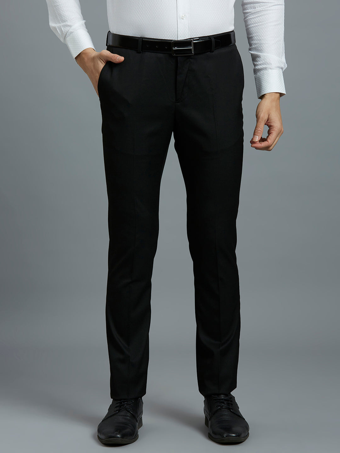 Black Plain Poly Viscose Elastane Tailor Fit Formal Cross Pocket Trouser