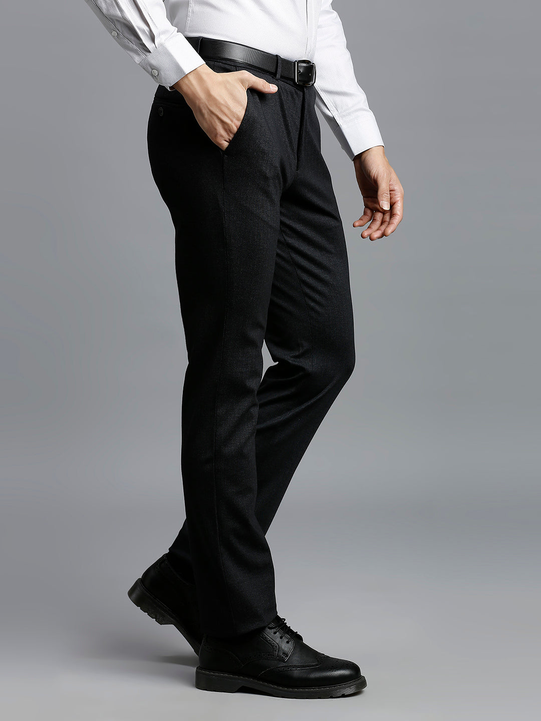 Black Knitted Fabric Poly Viscose Elastane Tailor Fit Formal Cross Pocket Trouser