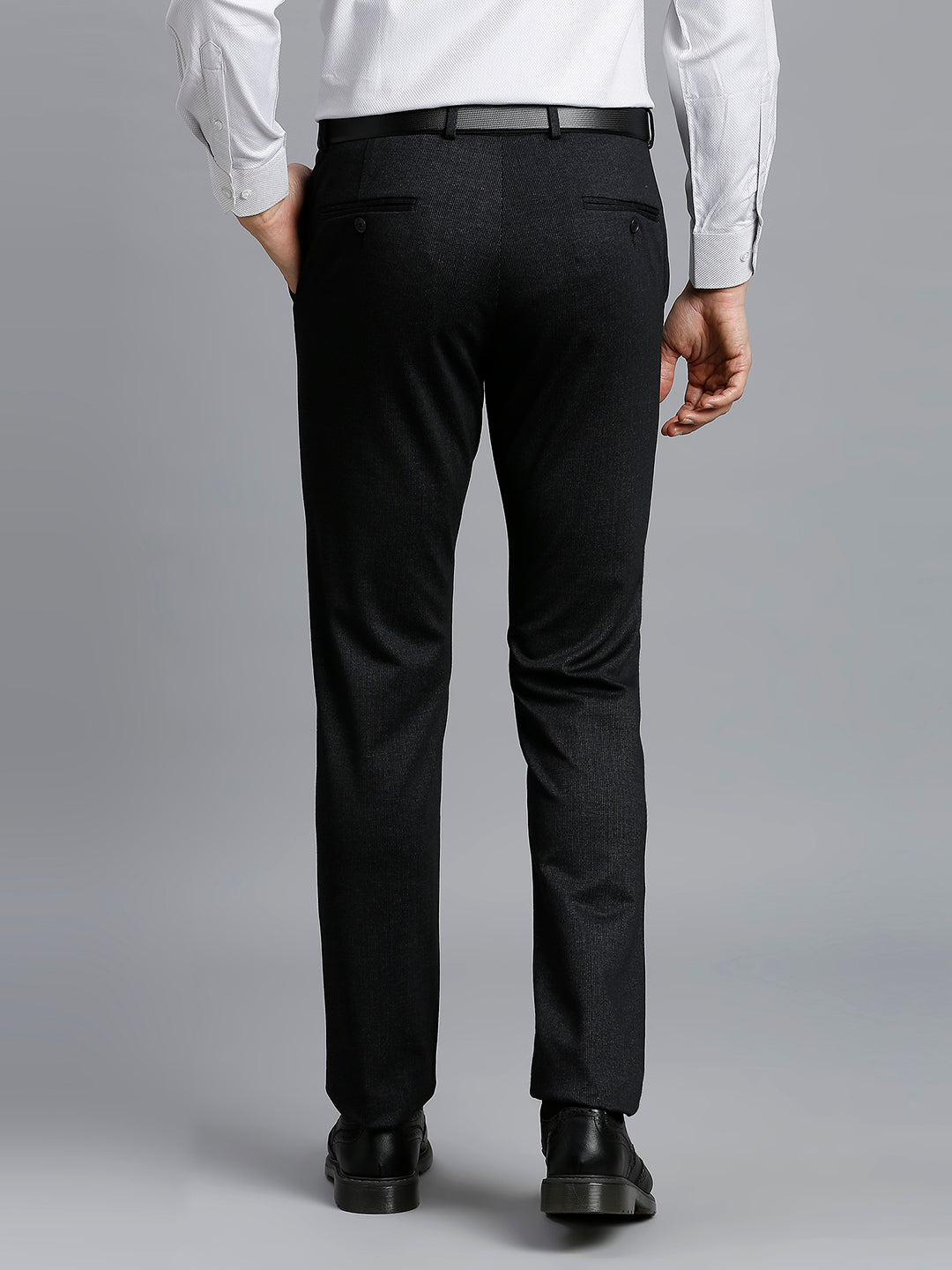 Black Knitted Fabric Poly Viscose Elastane Tailor Fit Formal Cross Pocket Trouser