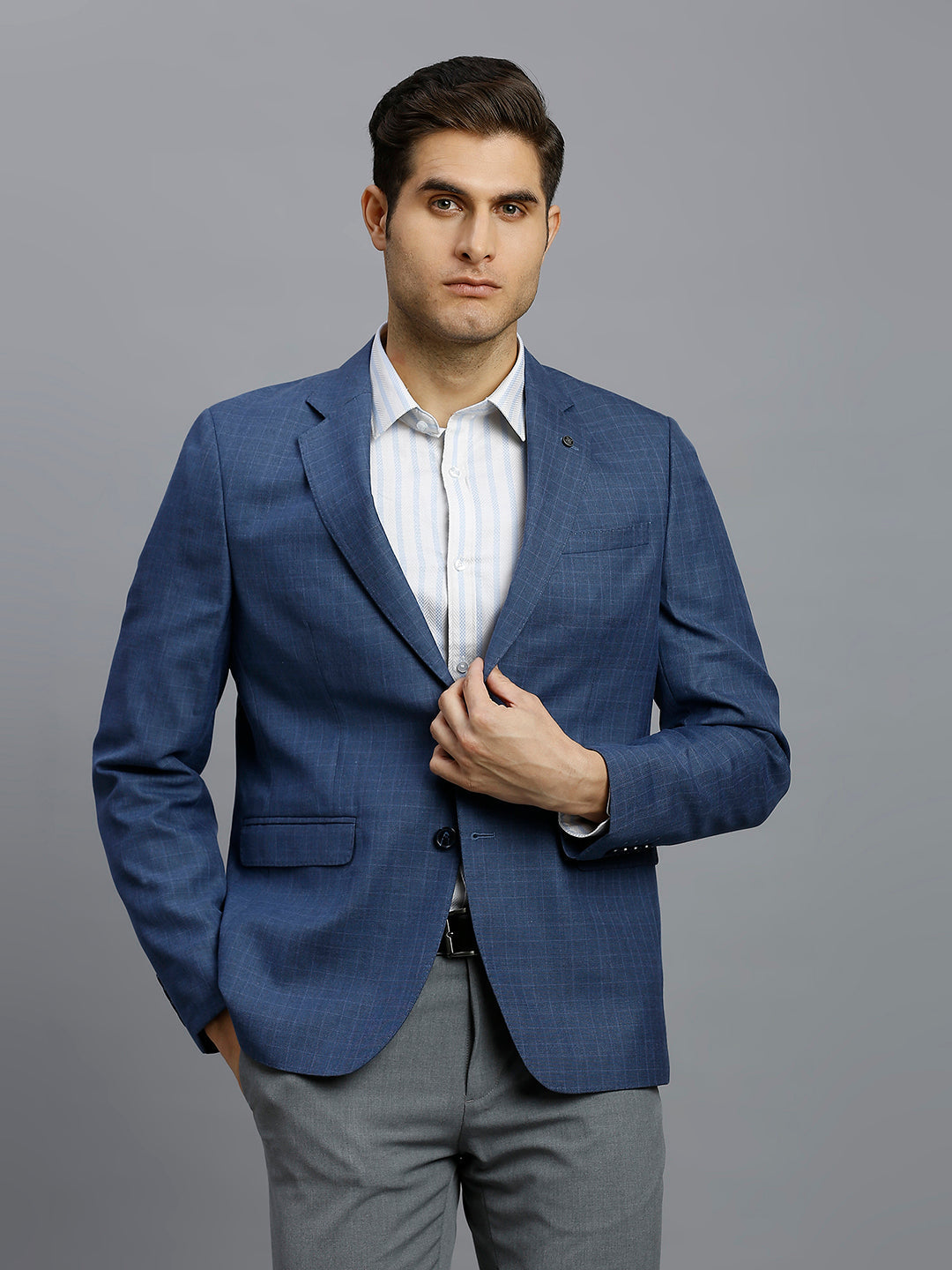 Blue Checks Poly Viscose Tailor Fit Formal Full Sleeve Blazer