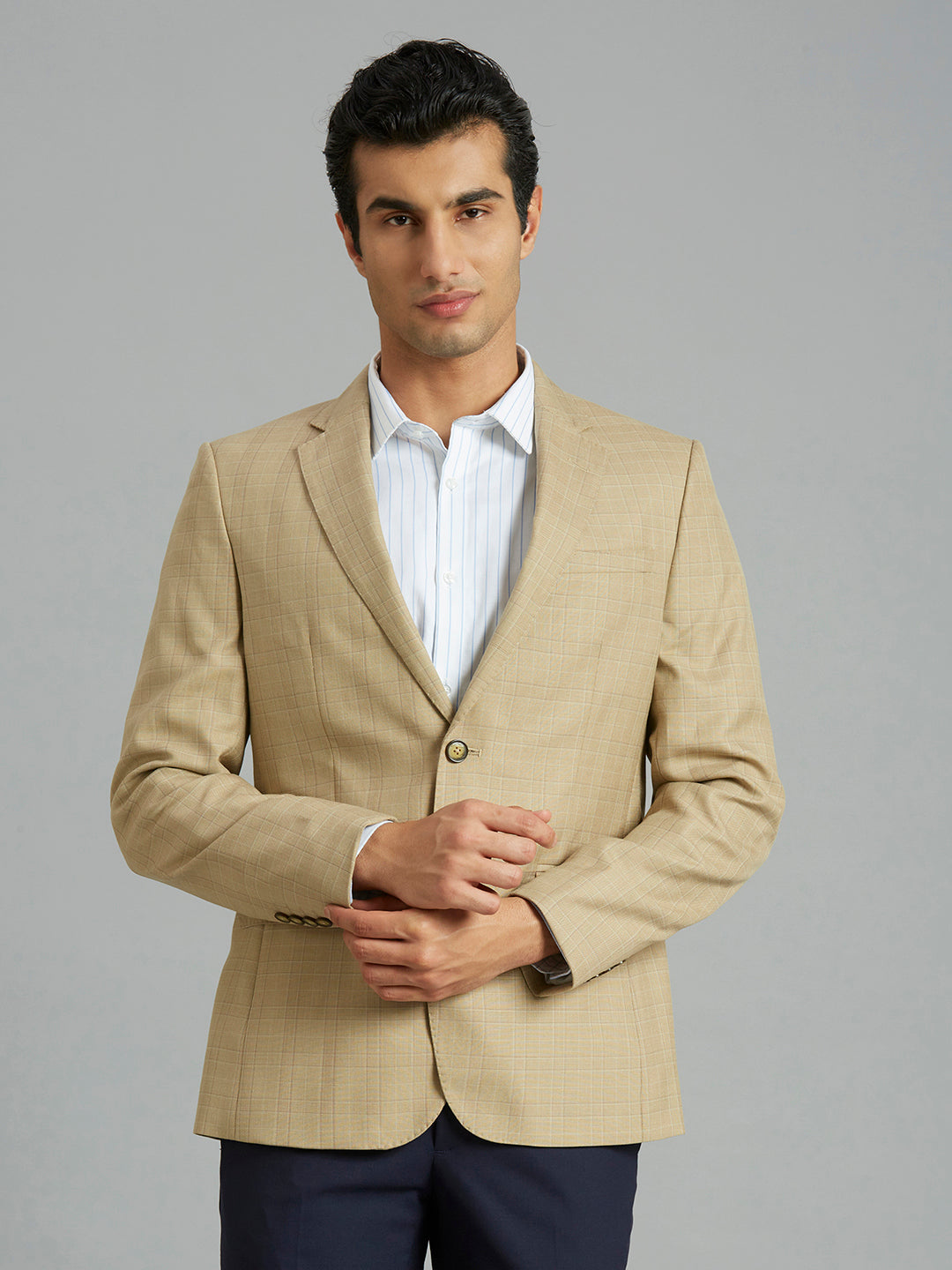 Khakhi Checks Poly Viscose Tailor Fit Formal Full Sleeve Blazers