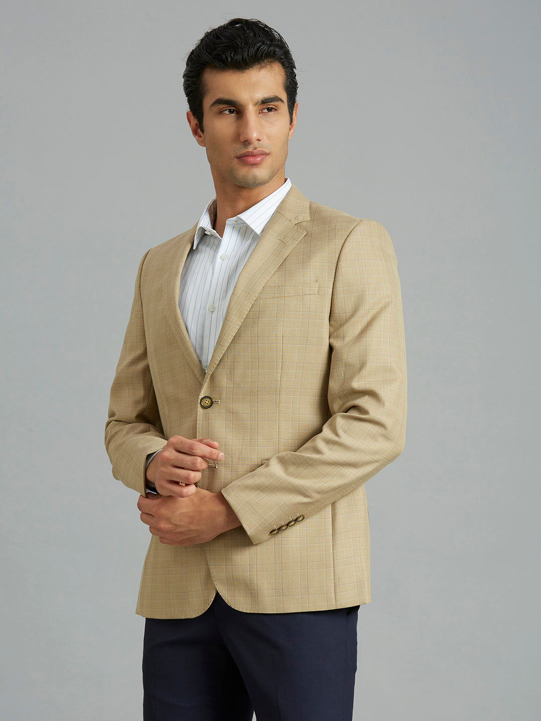 Khakhi Checks Poly Viscose Tailor Fit Formal Full Sleeve Blazers