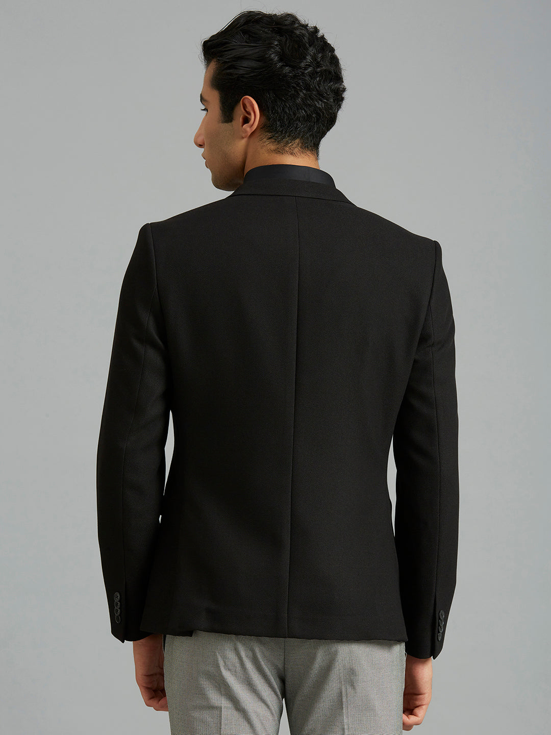 Black Dobby Y/D Poly Viscose Elastane Tailor Fit Formal Full Sleeve Blazer