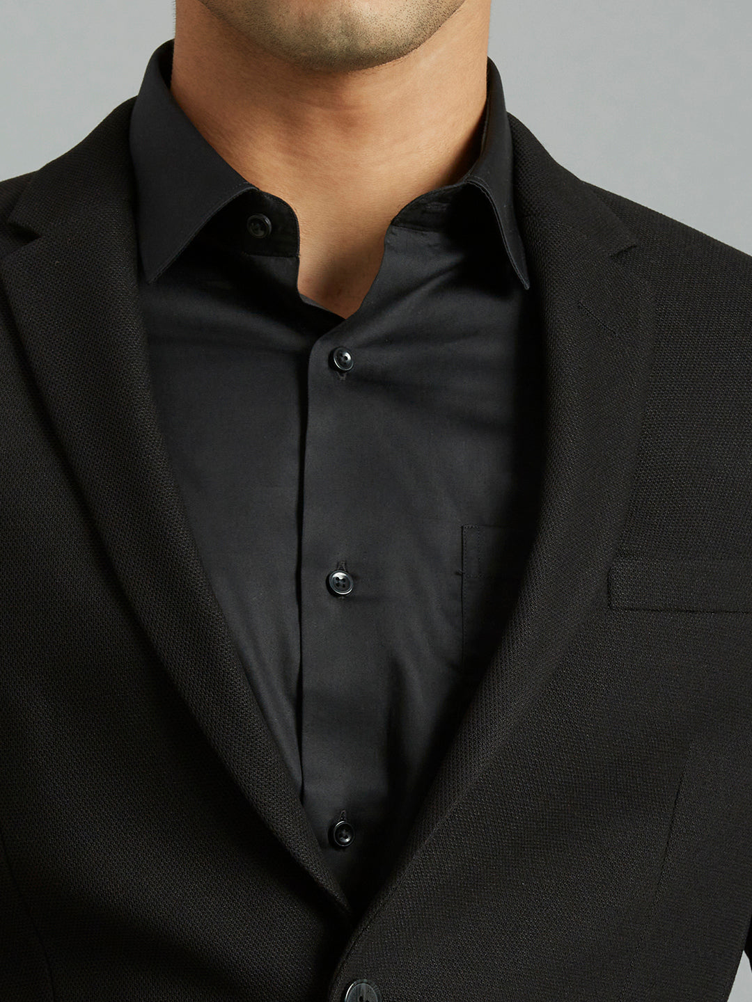 Black Dobby Y/D Poly Viscose Elastane Tailor Fit Formal Full Sleeve Blazer