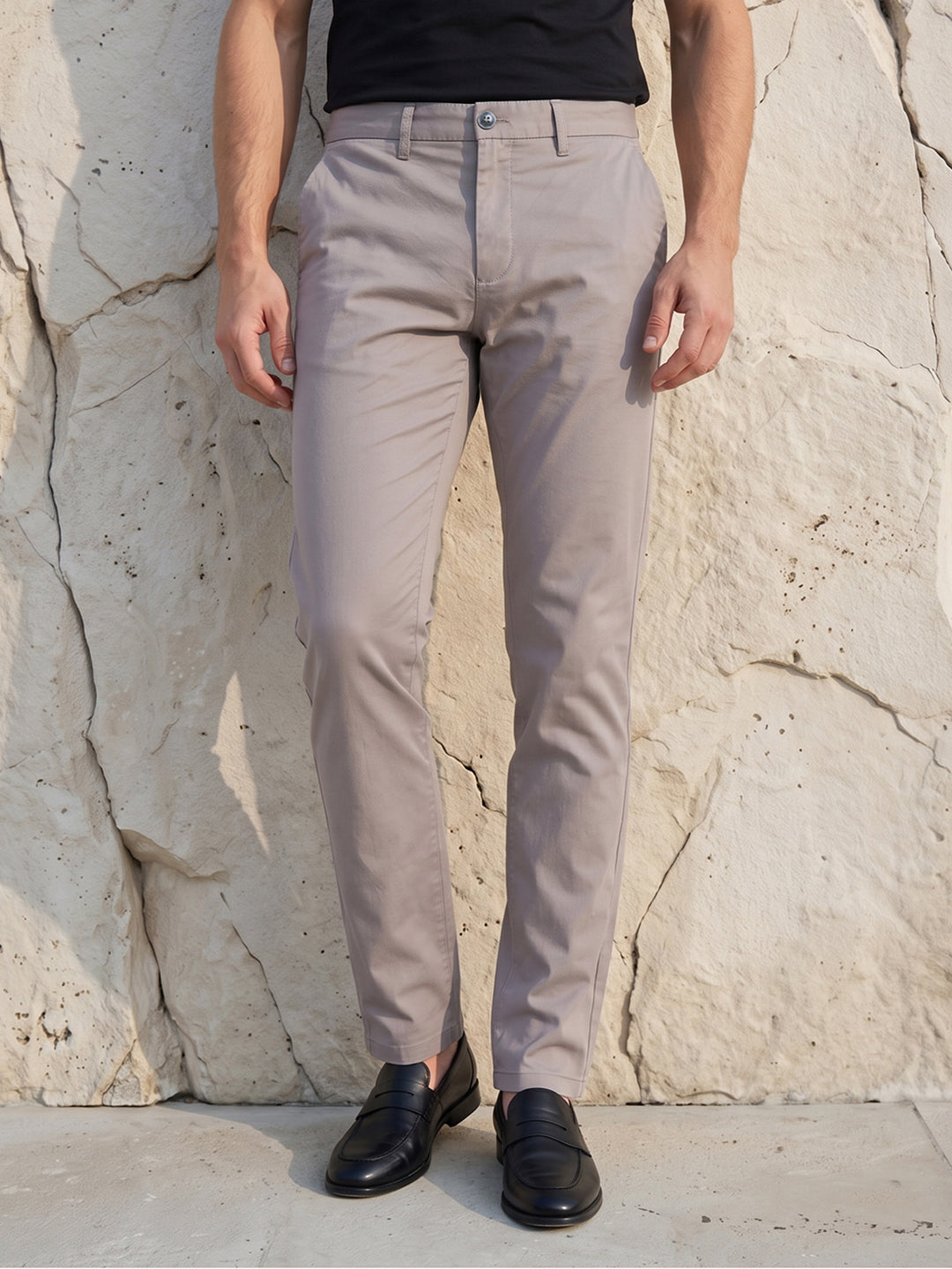 Men's Solid Cotton Stretch Regular Fit Smart Casual Trousers-Light Grey