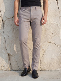 Men's Solid Cotton Stretch Regular Fit Smart Casual Trousers-Light Grey