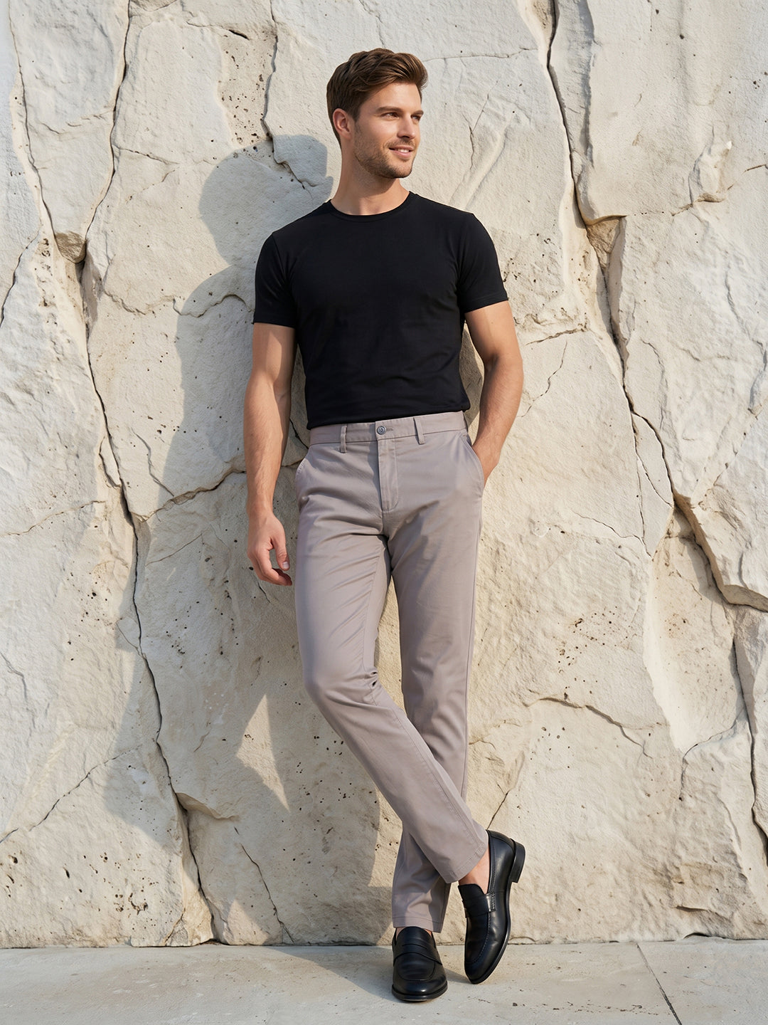 Men's Solid Cotton Stretch Regular Fit Smart Casual Trousers-Light Grey