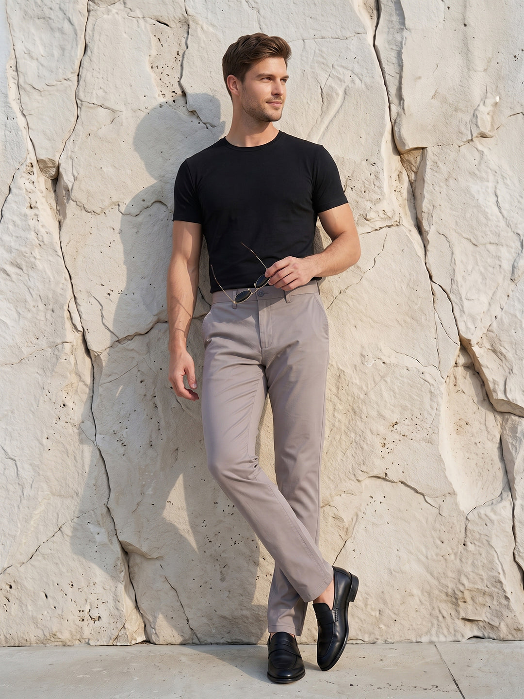 Men's Solid Cotton Stretch Regular Fit Smart Casual Trousers-Light Grey