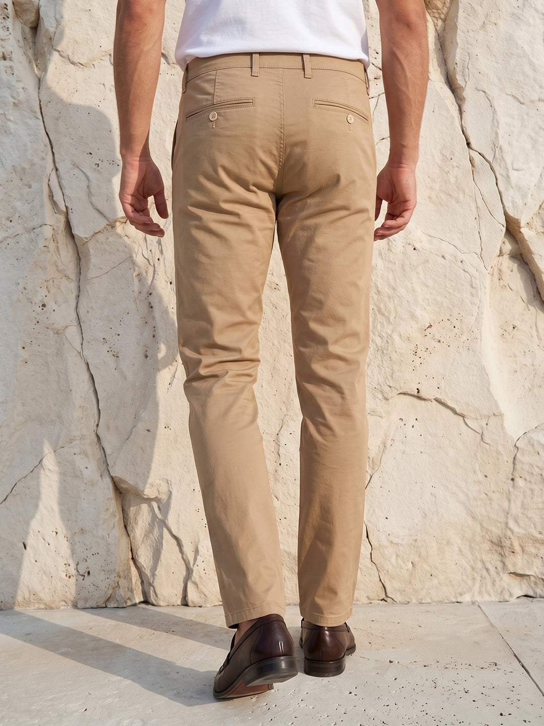 Men's Solid Cotton Stretch Regular Fit Smart Casual Trousers-Brown