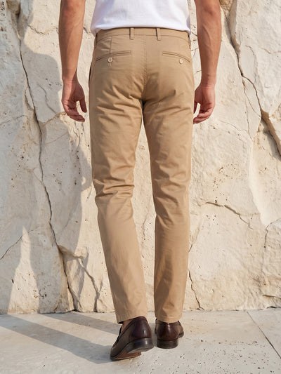 Men's Solid Cotton Stretch Regular Fit Smart Casual Trousers-Brown