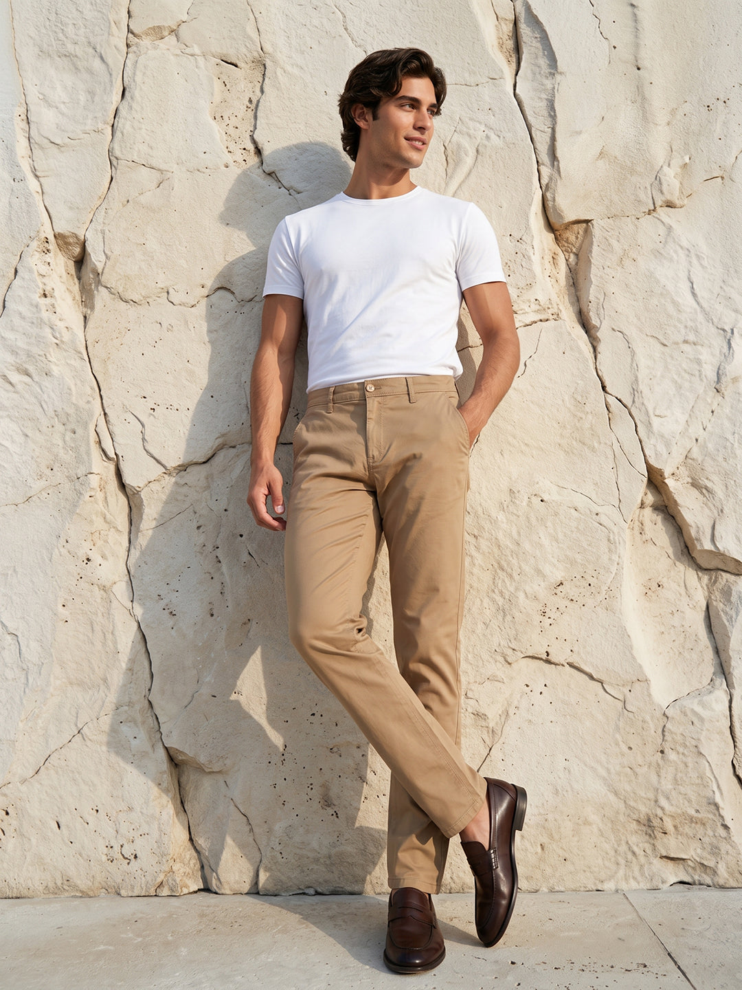 Men's Solid Cotton Stretch Regular Fit Smart Casual Trousers-Brown