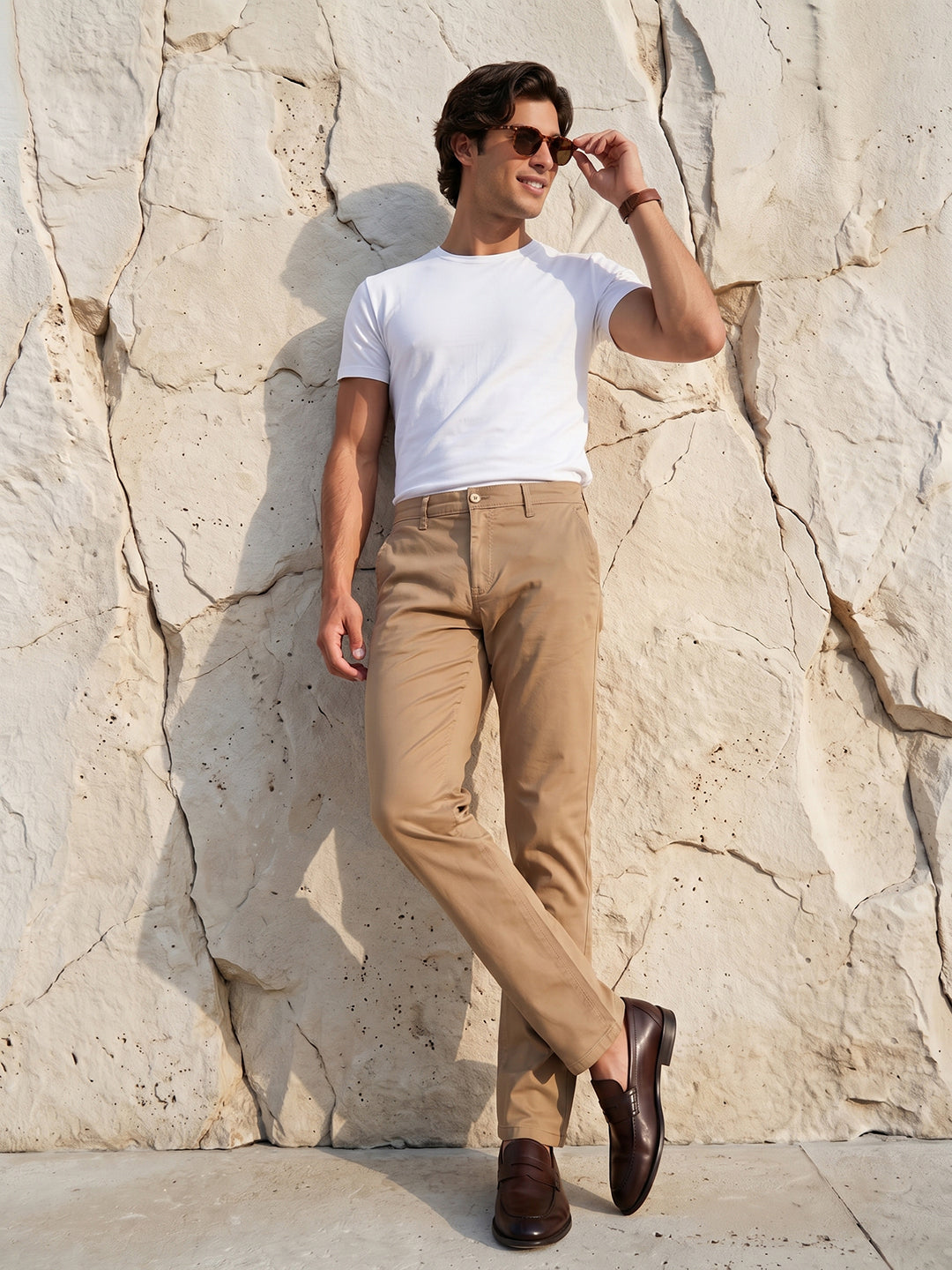 Men's Solid Cotton Stretch Regular Fit Smart Casual Trousers-Brown