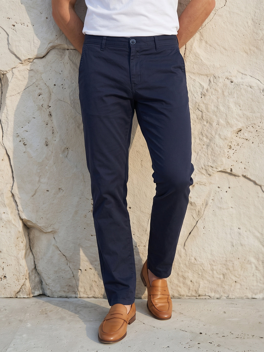 Men's Solid Cotton Stretch Regular Fit Smart Casual Trousers-Blue