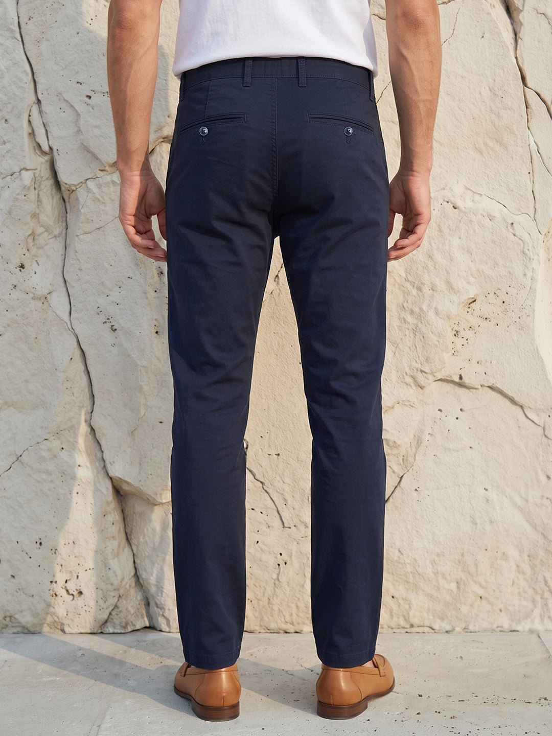 Men's Solid Cotton Stretch Regular Fit Smart Casual Trousers-Blue