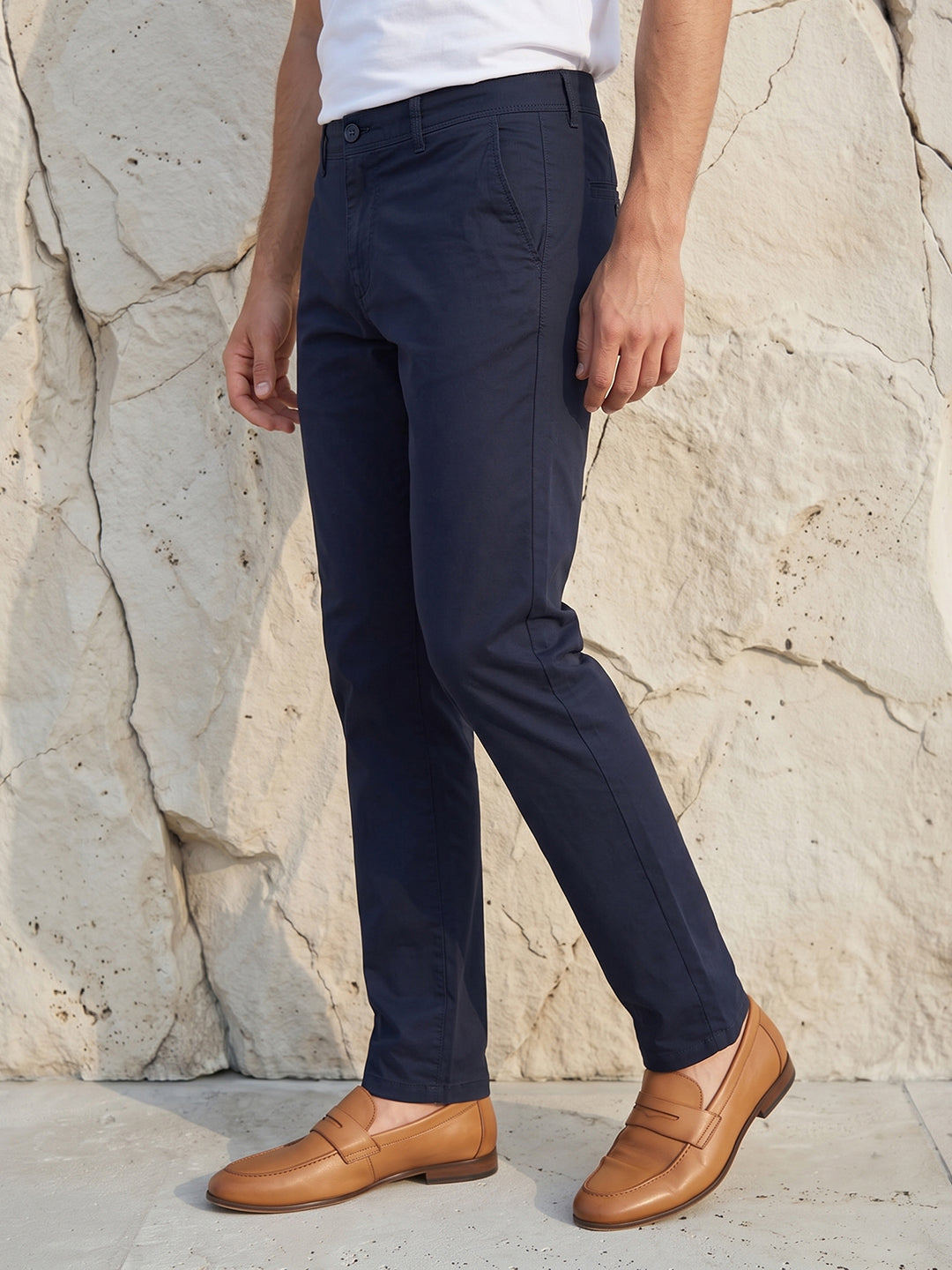 Men's Solid Cotton Stretch Regular Fit Smart Casual Trousers-Blue