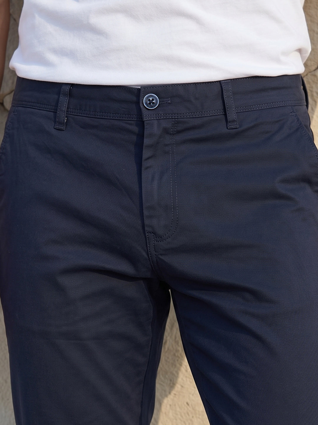 Men's Solid Cotton Stretch Regular Fit Smart Casual Trousers-Blue
