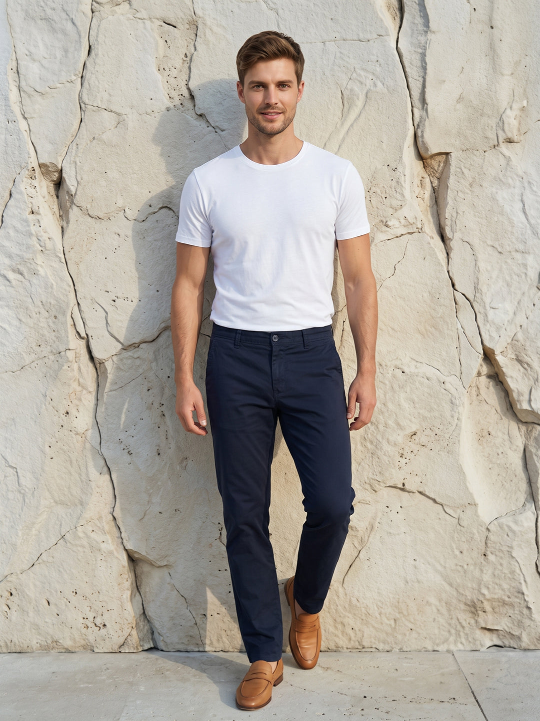 Men's Solid Cotton Stretch Regular Fit Smart Casual Trousers-Blue