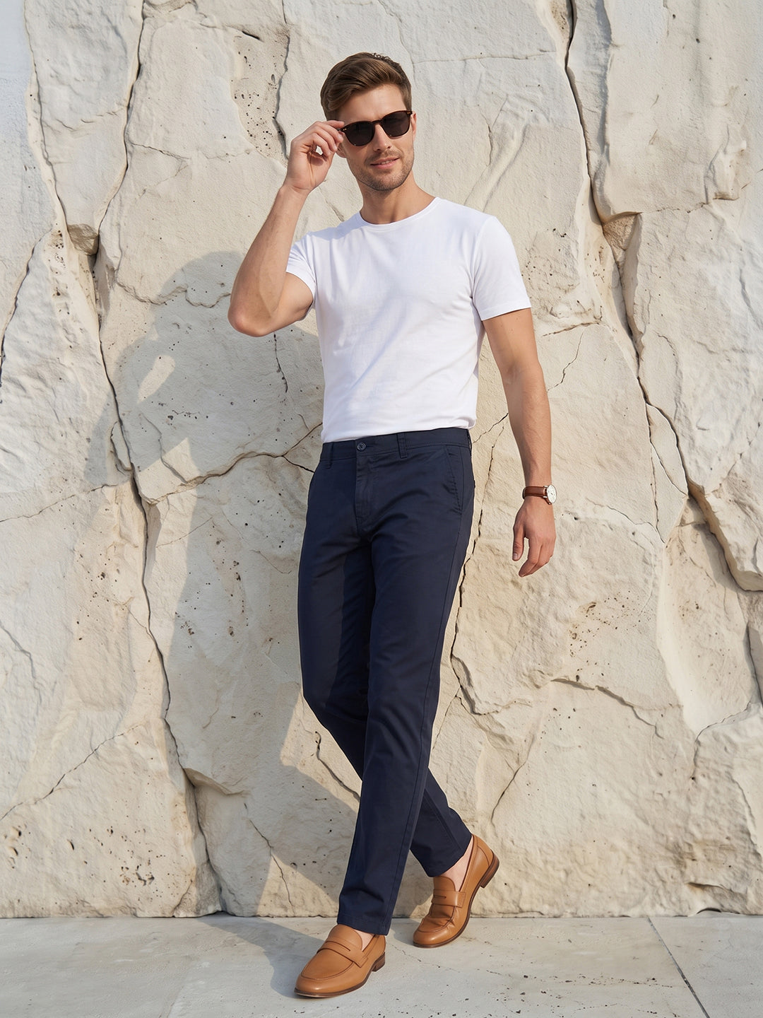 Men's Solid Cotton Stretch Regular Fit Smart Casual Trousers-Blue