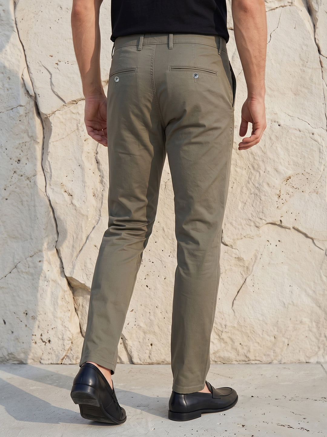 Men's Solid Cotton Stretch Regular Fit Smart Casual Trousers-Green