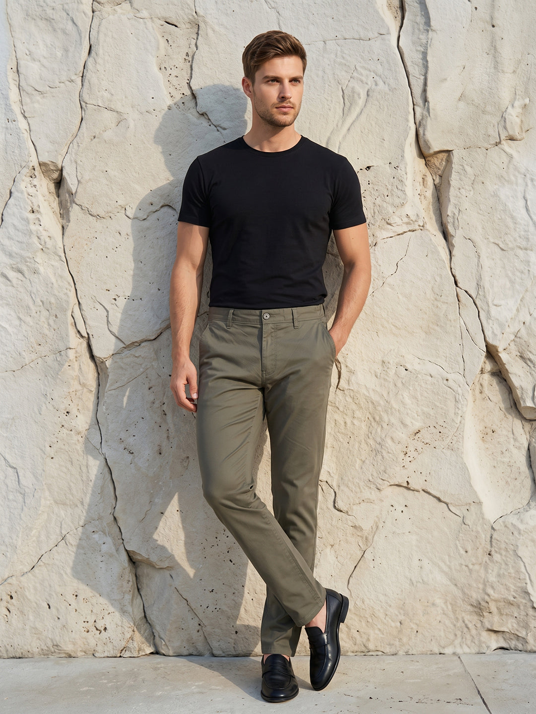 Men's Solid Cotton Stretch Regular Fit Smart Casual Trousers-Green