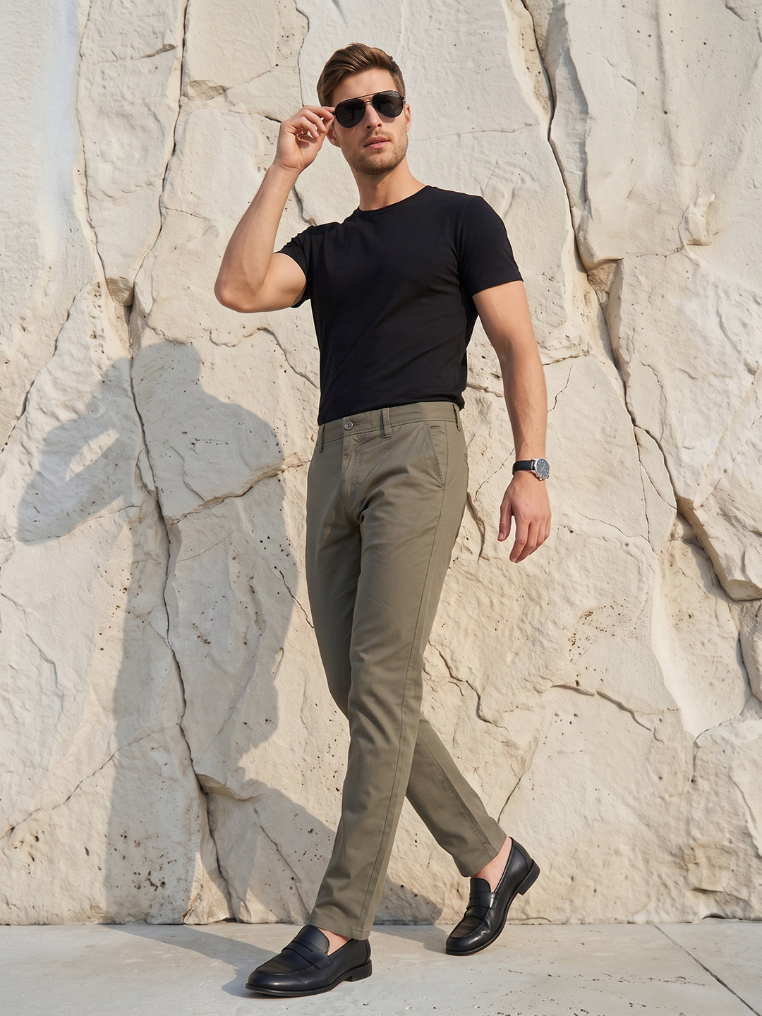 Men's Solid Cotton Stretch Regular Fit Smart Casual Trousers-Green