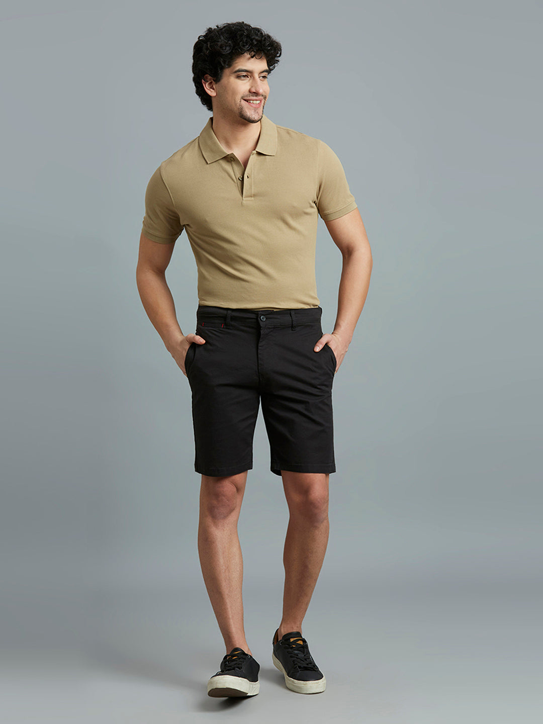 Black Twill Cotton Spandex Tailor Fit Casual Closed Bottom Short