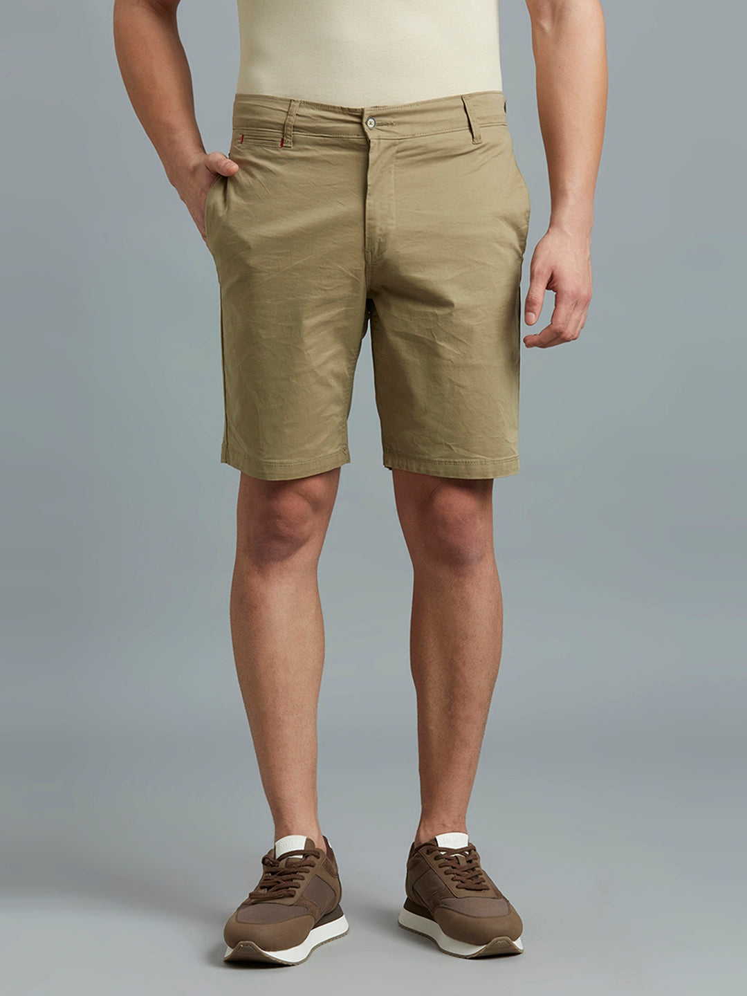 Brown Twill Cotton Spandex Tailor Fit Casual Closed Bottom Short