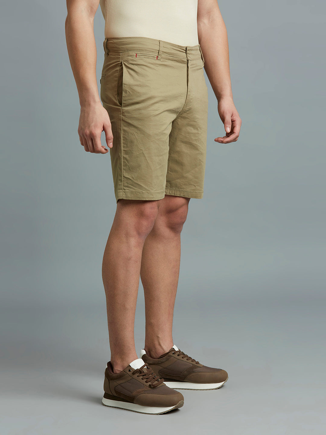 Brown Twill Cotton Spandex Tailor Fit Casual Closed Bottom Short