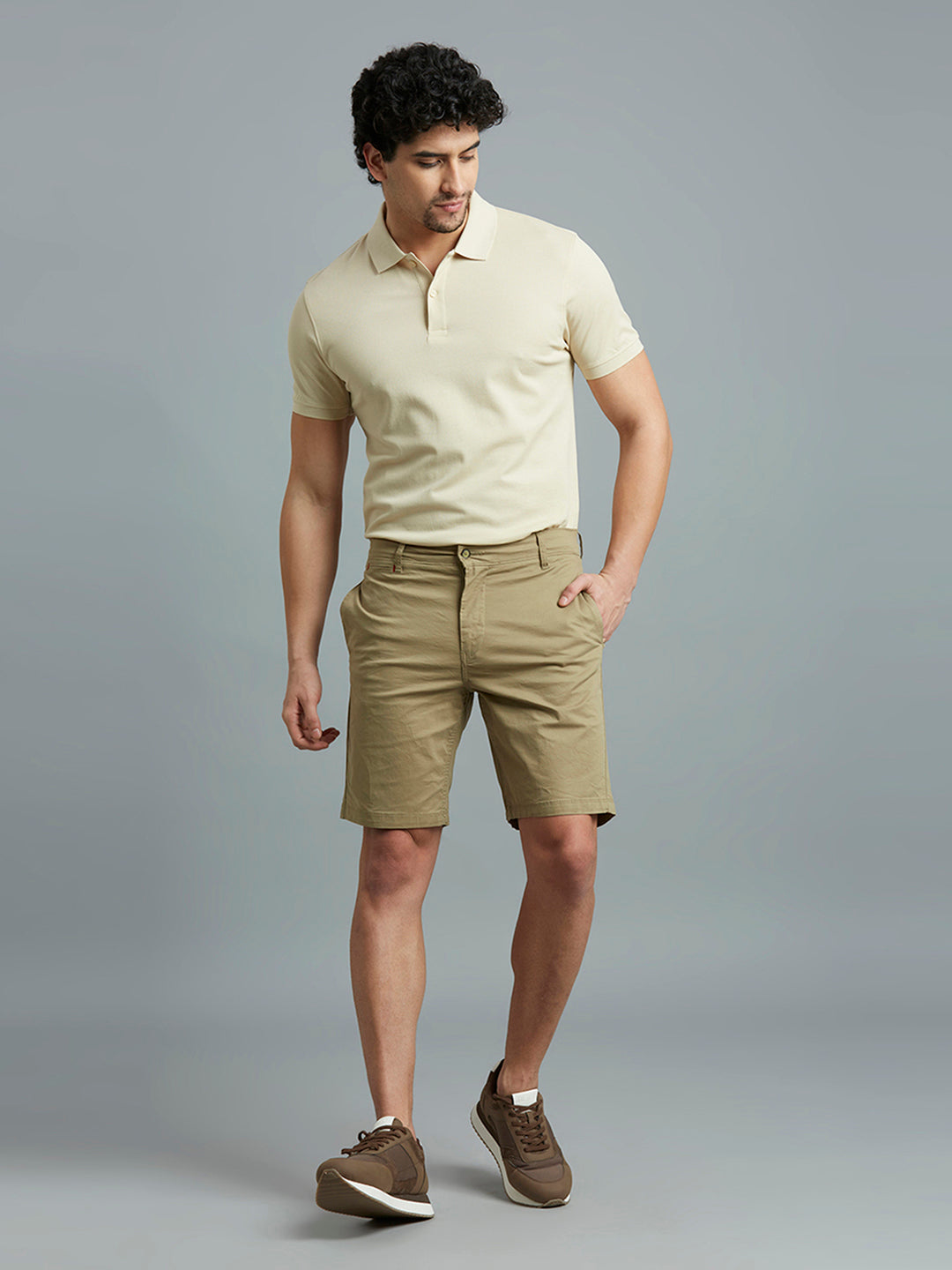 Brown Twill Cotton Spandex Tailor Fit Casual Closed Bottom Short