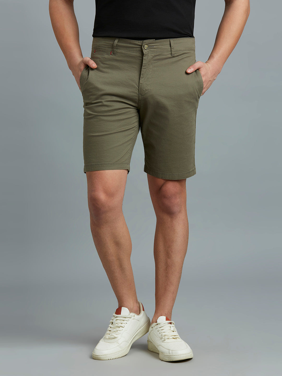 Green Twill Cotton Spandex Tailor Fit Casual Closed Bottom Short