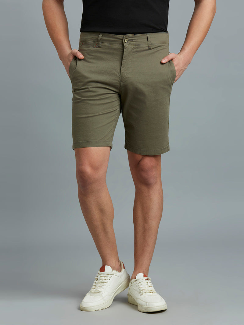 Green Twill Cotton Spandex Tailor Fit Casual Closed Bottom Short
