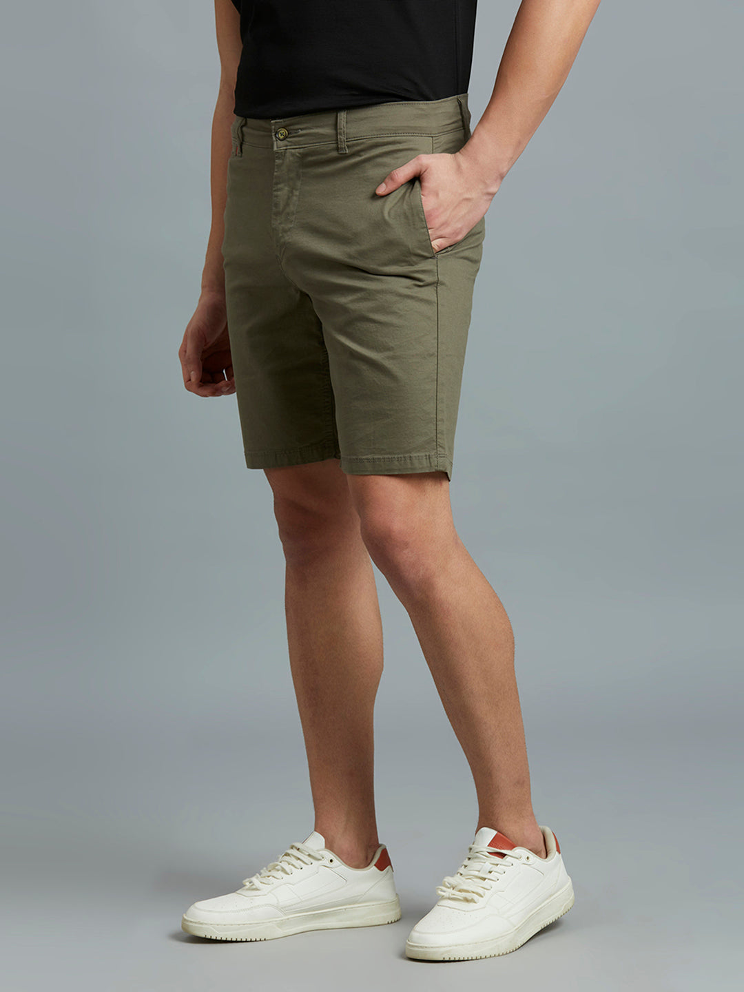 Green Twill Cotton Spandex Tailor Fit Casual Closed Bottom Short