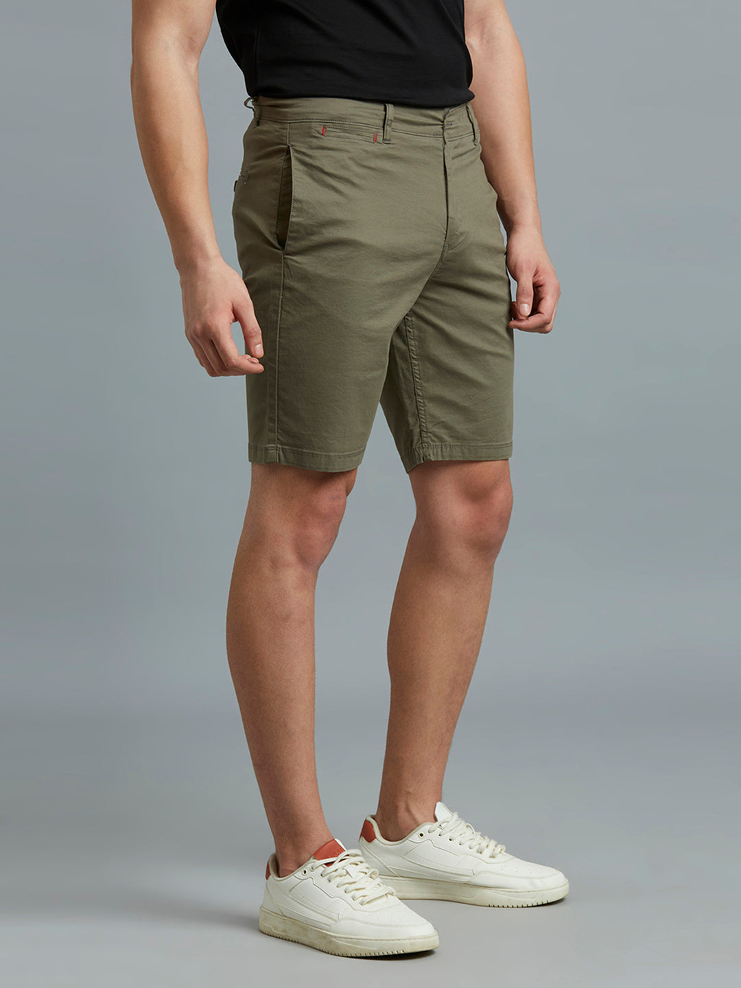 Green Twill Cotton Spandex Tailor Fit Casual Closed Bottom Short