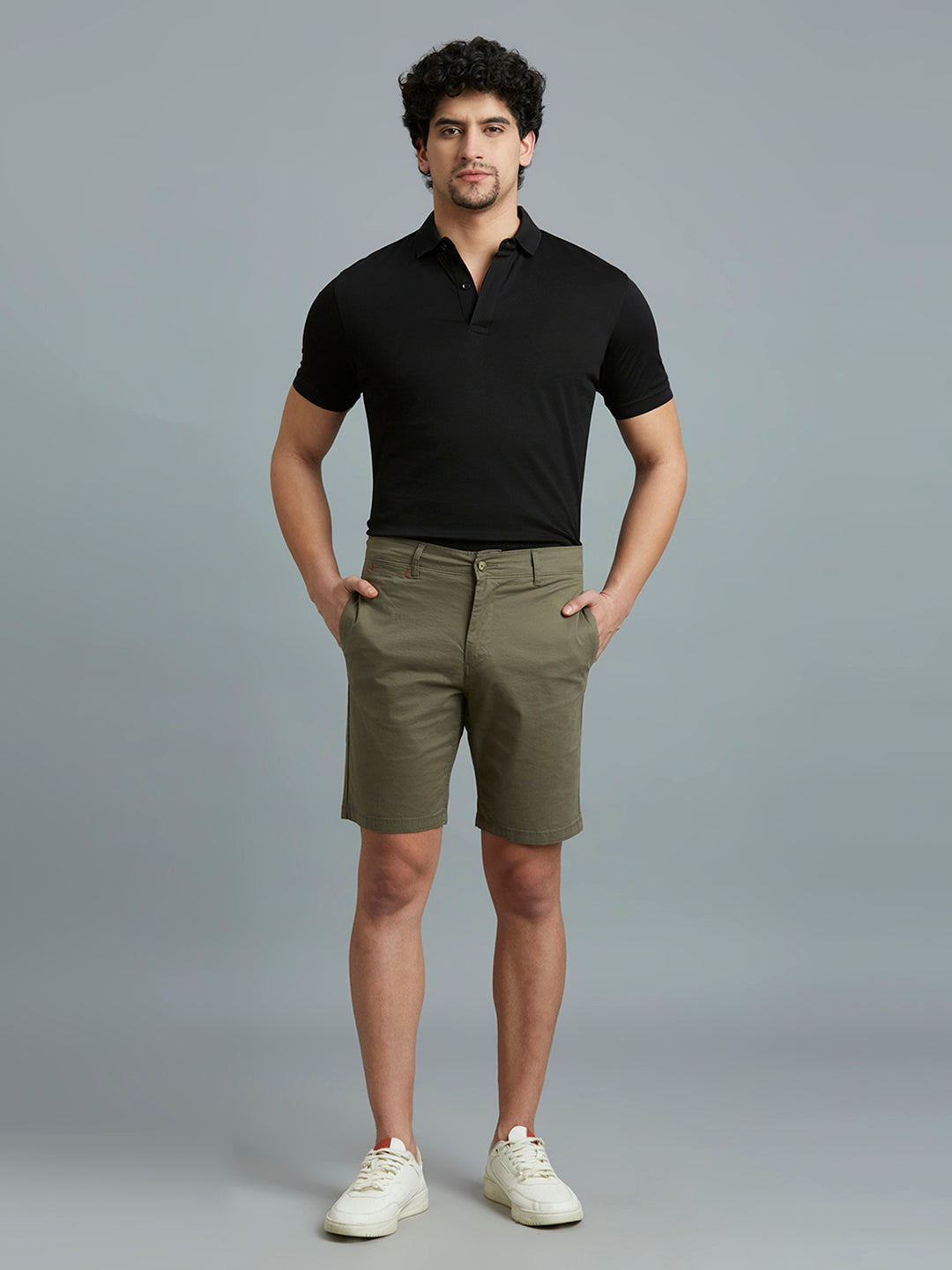 Green Twill Cotton Spandex Tailor Fit Casual Closed Bottom Short