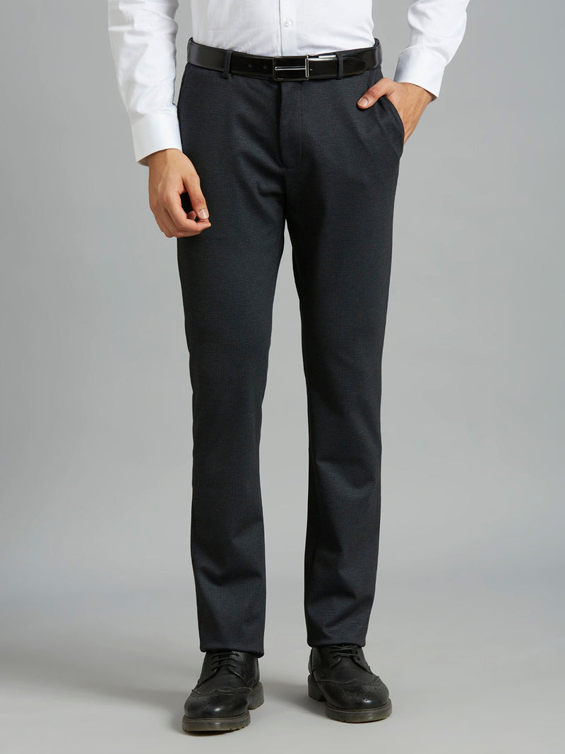 Sleek Black Knitted Fabric Poly Viscose Elastane Tailor Fit Formal Cross Pocket Trousers