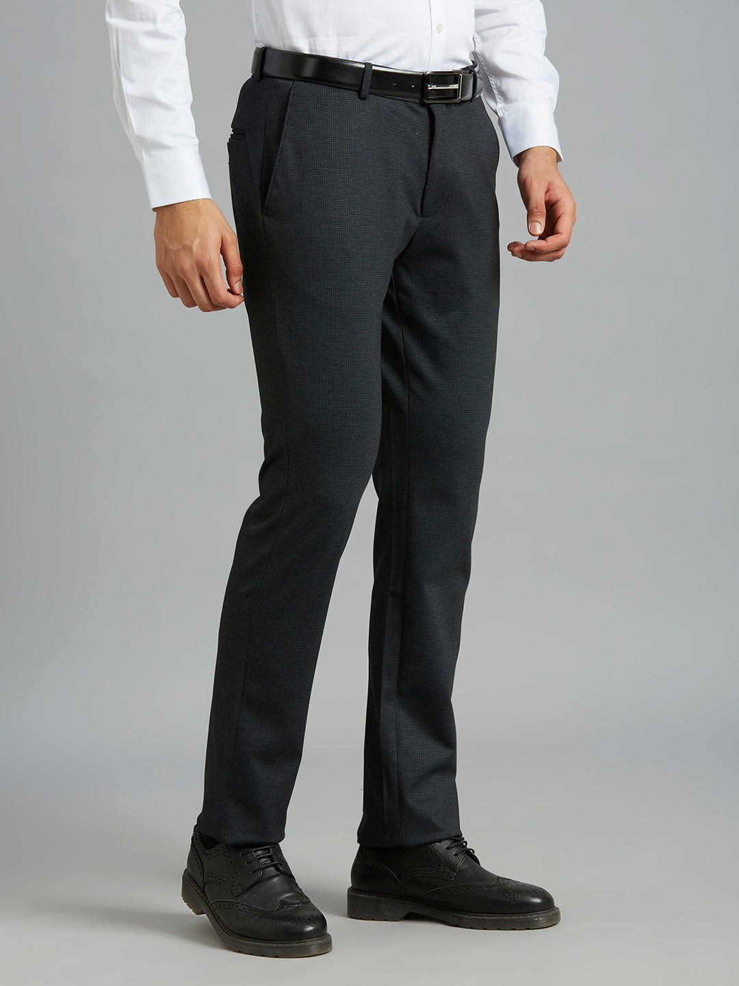 Sleek Black Knitted Fabric Poly Viscose Elastane Tailor Fit Formal Cross Pocket Trousers