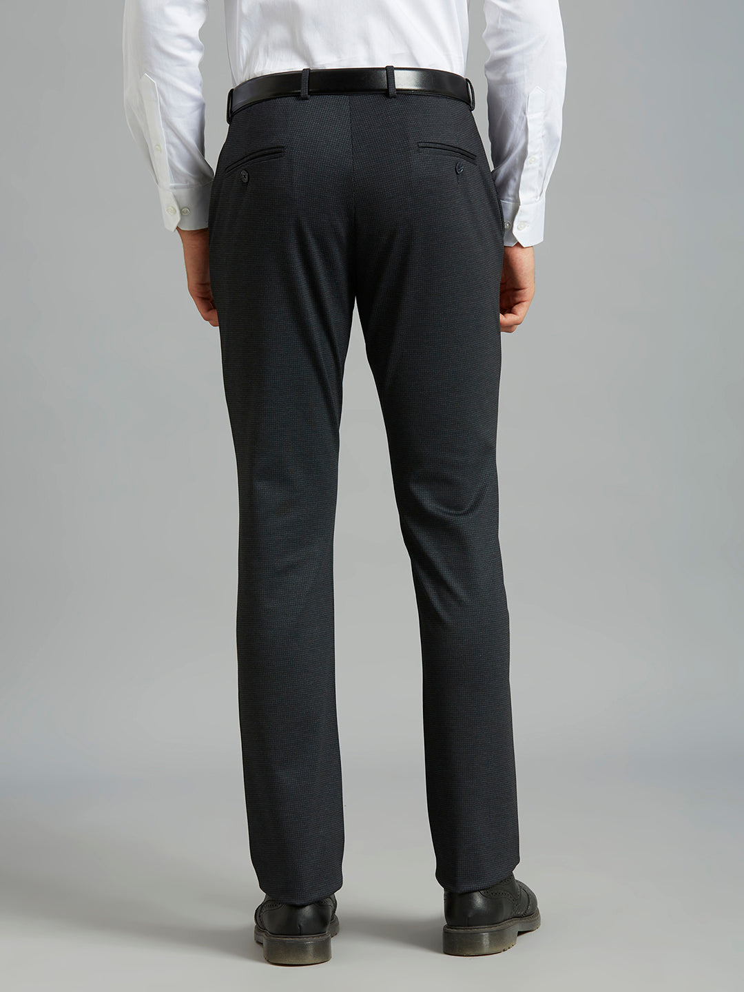 Sleek Black Knitted Fabric Poly Viscose Elastane Tailor Fit Formal Cross Pocket Trousers