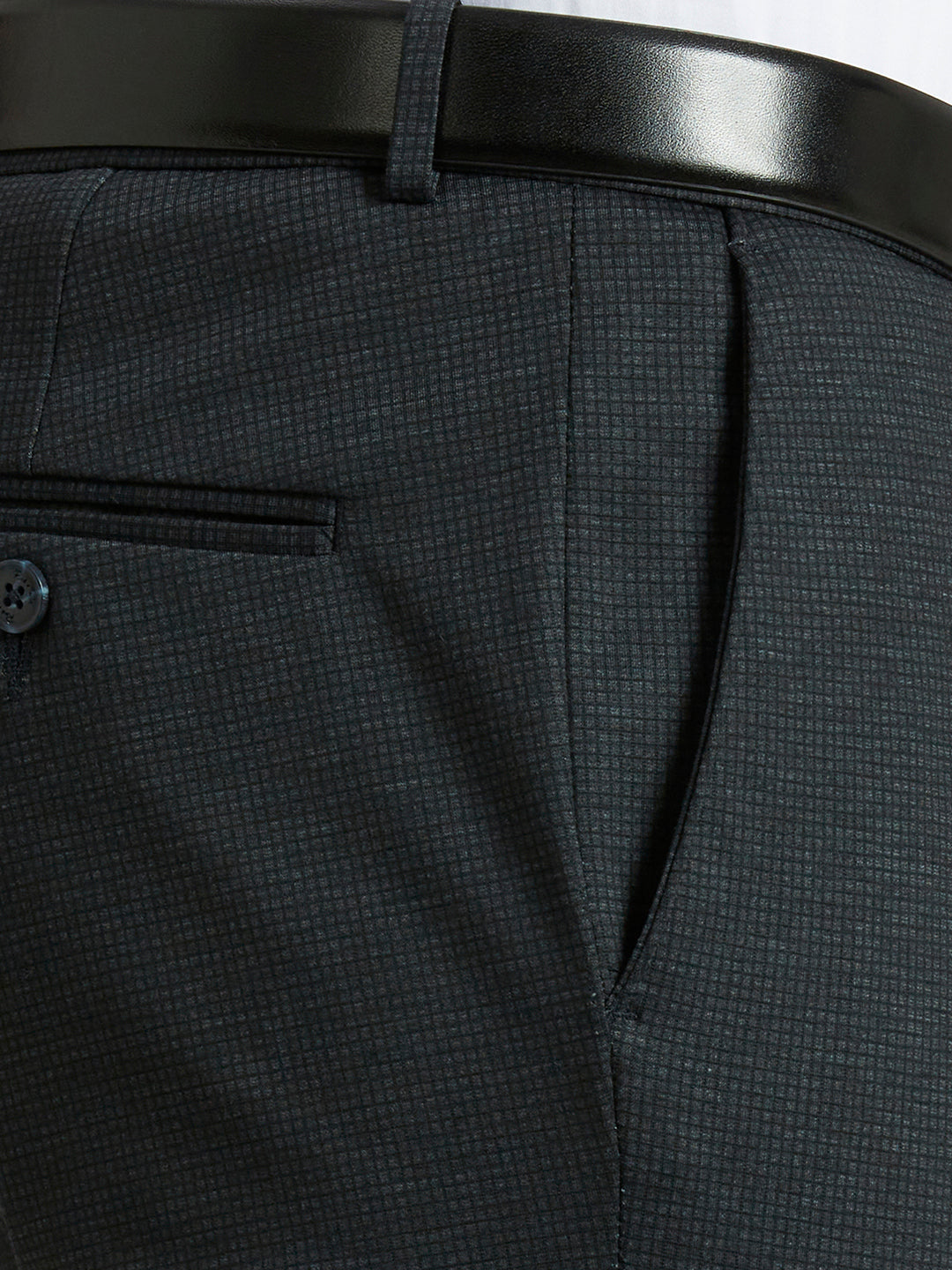 Sleek Black Knitted Fabric Poly Viscose Elastane Tailor Fit Formal Cross Pocket Trousers