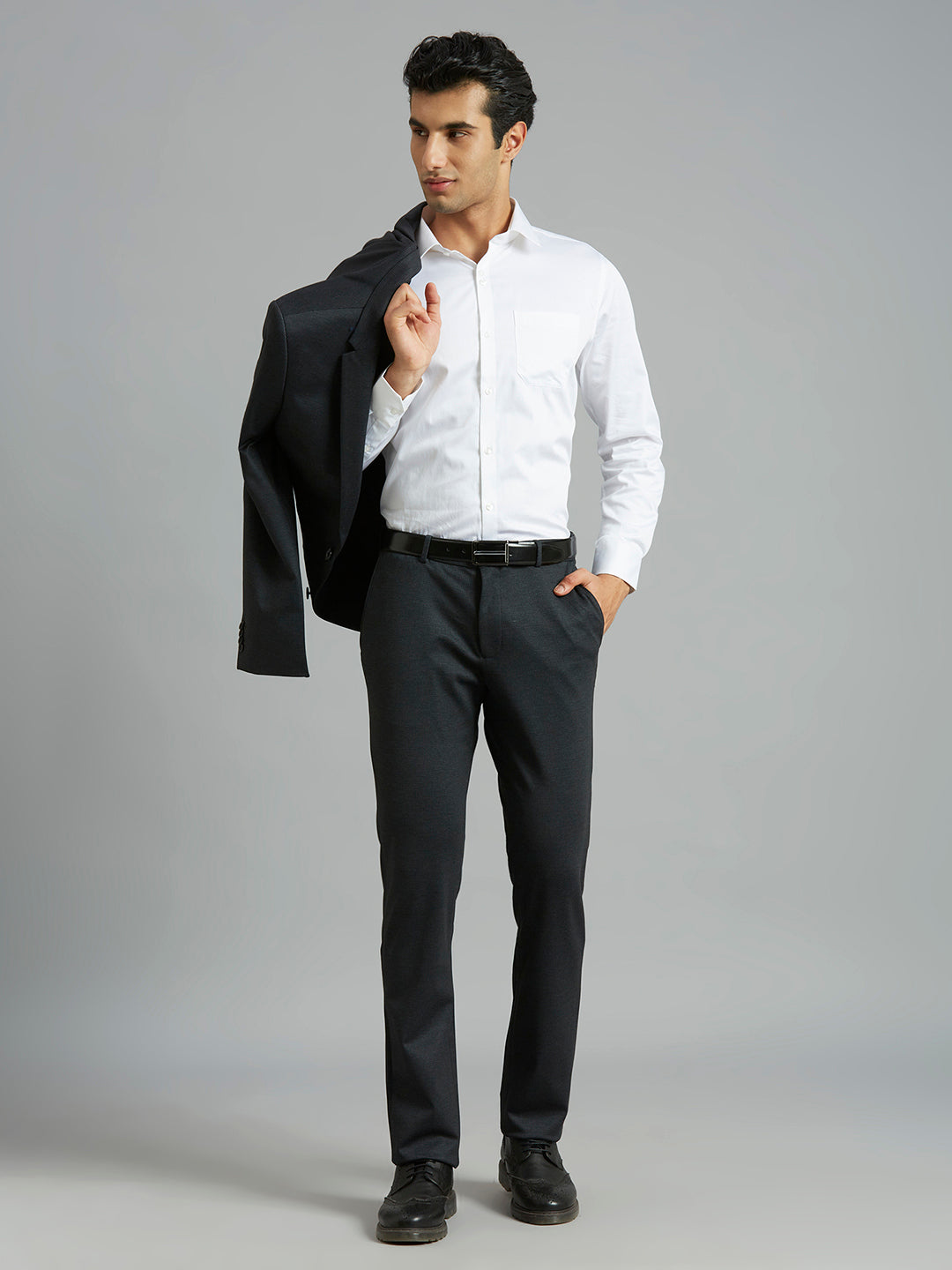 Sleek Black Knitted Fabric Poly Viscose Elastane Tailor Fit Formal Cross Pocket Trousers
