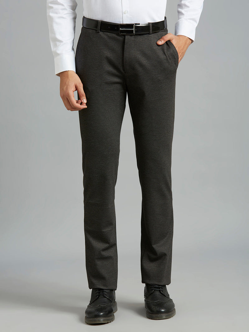 Brown Knitted Fabric Poly Viscose Elastane Tailor Fit Formal Cross Pocket Trouser