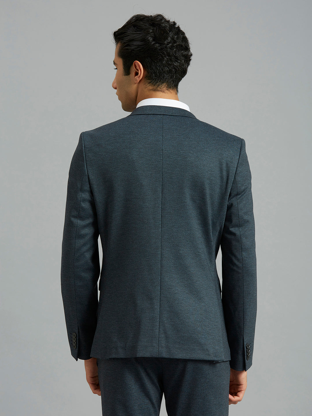 Dark Grey Knitted Fabric Poly Viscose Elastane Tailor Fit Formal Full Sleeve Blazer