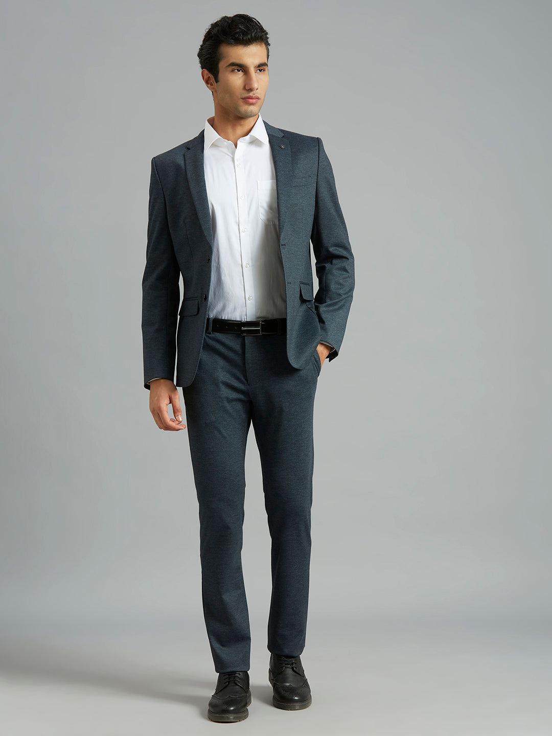 Dark Grey Knitted Fabric Poly Viscose Elastane Tailor Fit Formal Full Sleeve Blazer