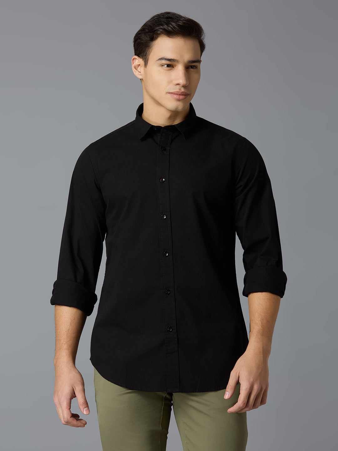 Black Solid Peached Cotton Slim Fit Casual Full Sleeve Shirt