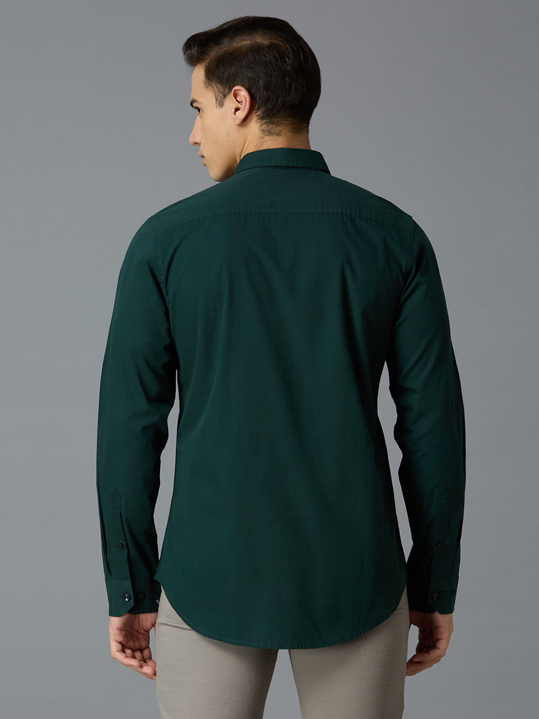 Dark Green Solid Peached Cotton Slim Fit Casual Full Sleeve Shirt