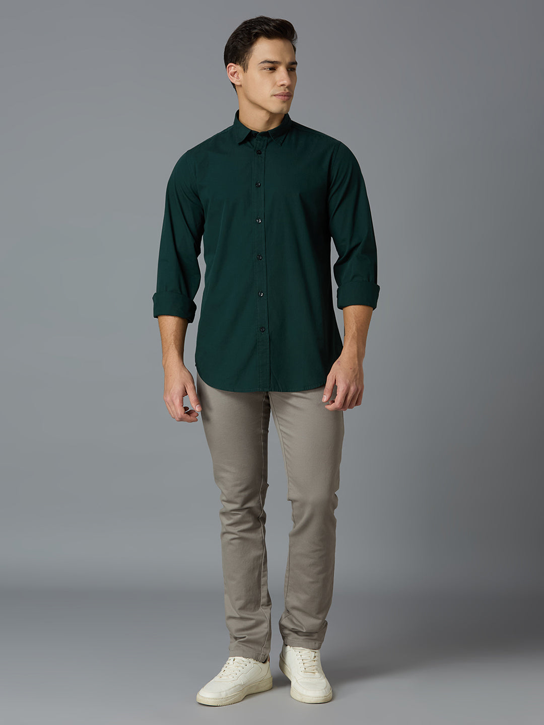 Dark Green Solid Peached Cotton Slim Fit Casual Full Sleeve Shirt