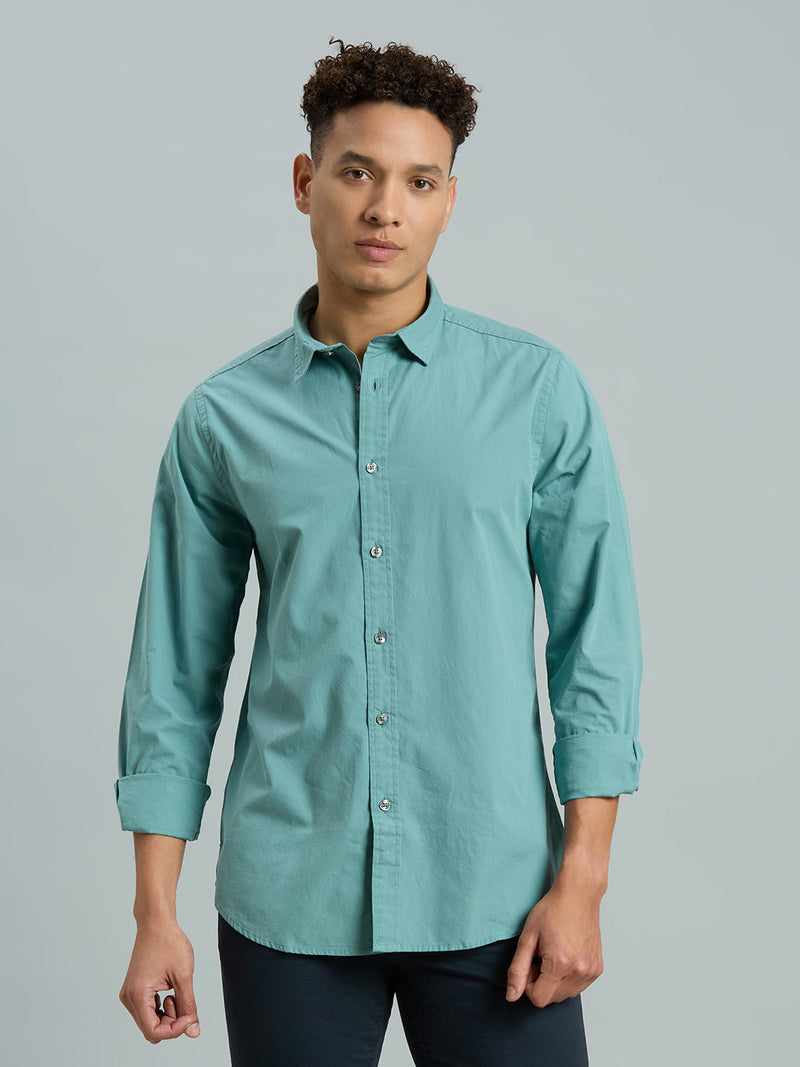 Green Solid Peached Cotton Slim Fit Casual Full Sleeve Shirt