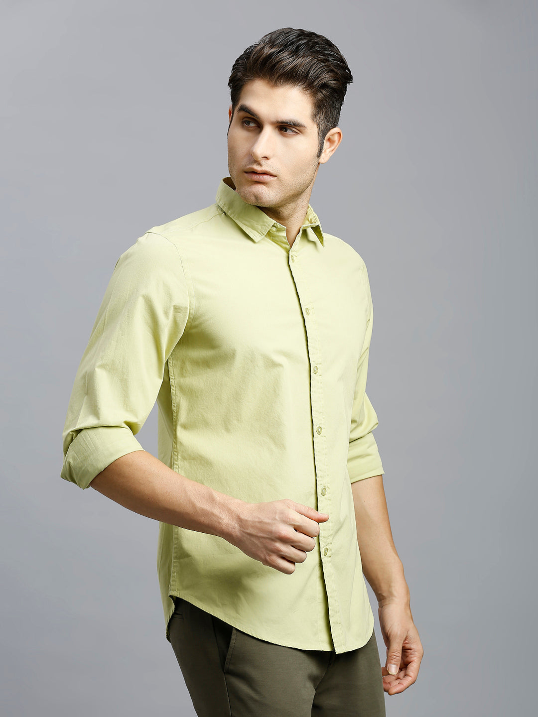 Moss Plain Peached Cotton Slim Fit Casual Full Sleeve Shirt