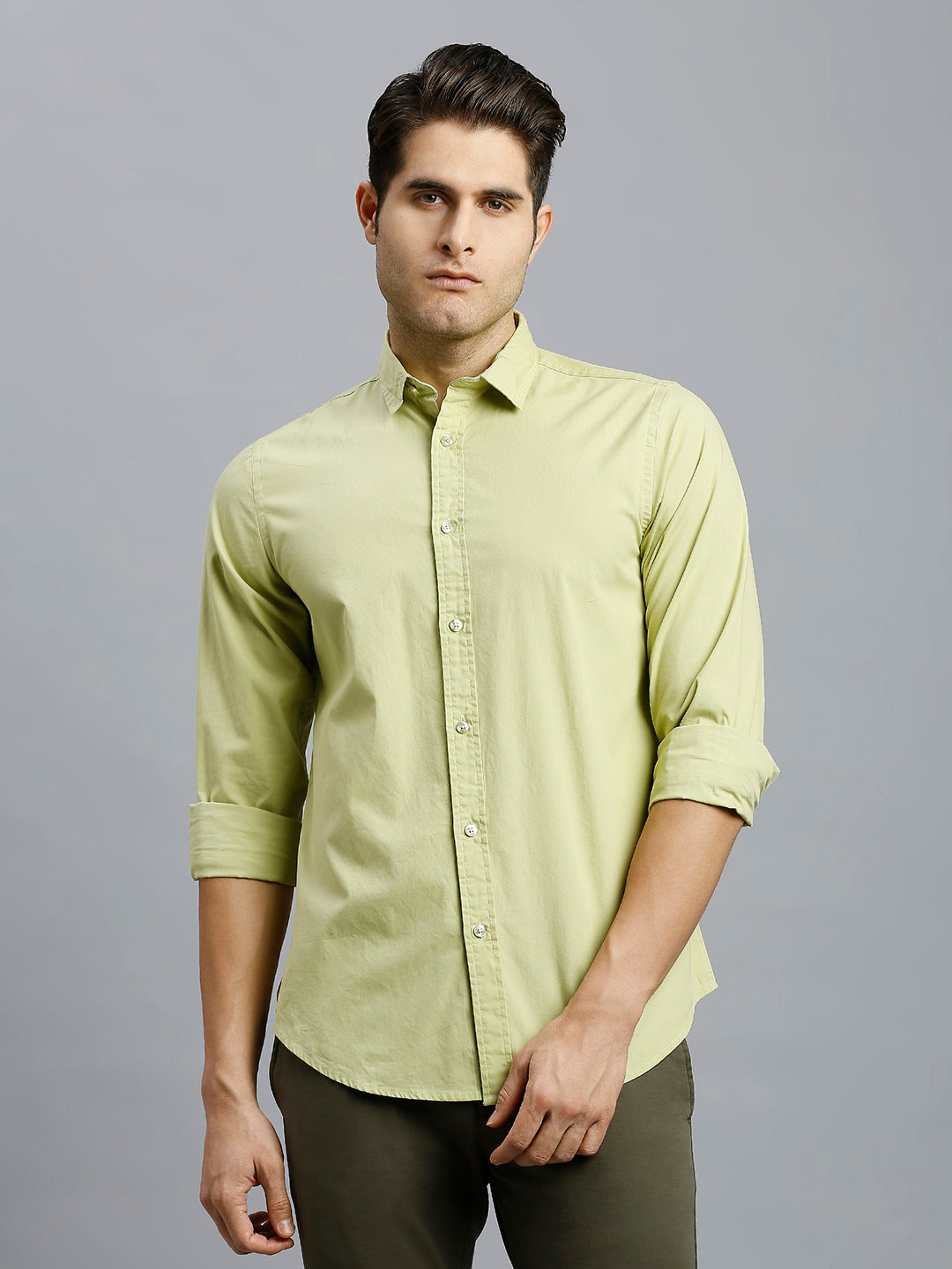 Moss Plain Peached Cotton Slim Fit Casual Full Sleeve Shirt