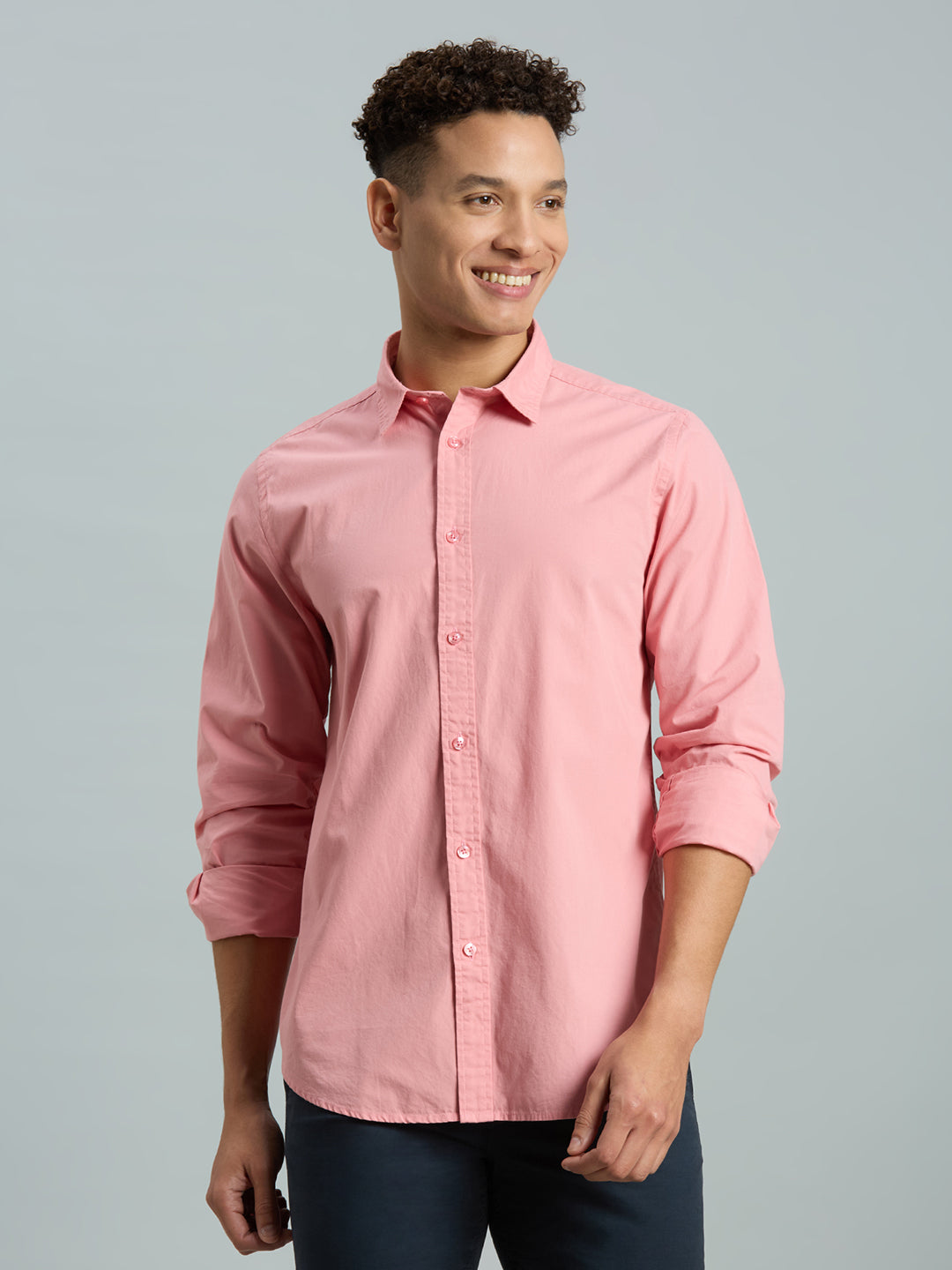 Pink Solid Peached Cotton Slim Fit Casual Full Sleeve Shirt